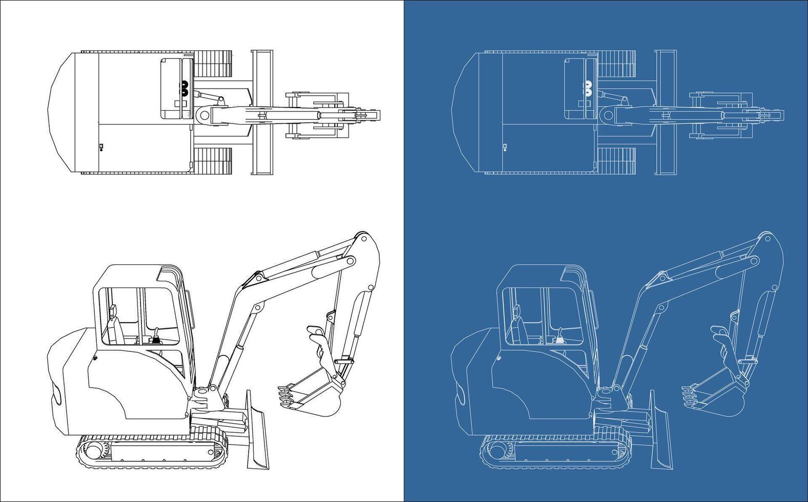 mini excavator technical blueprint multiple views vector
