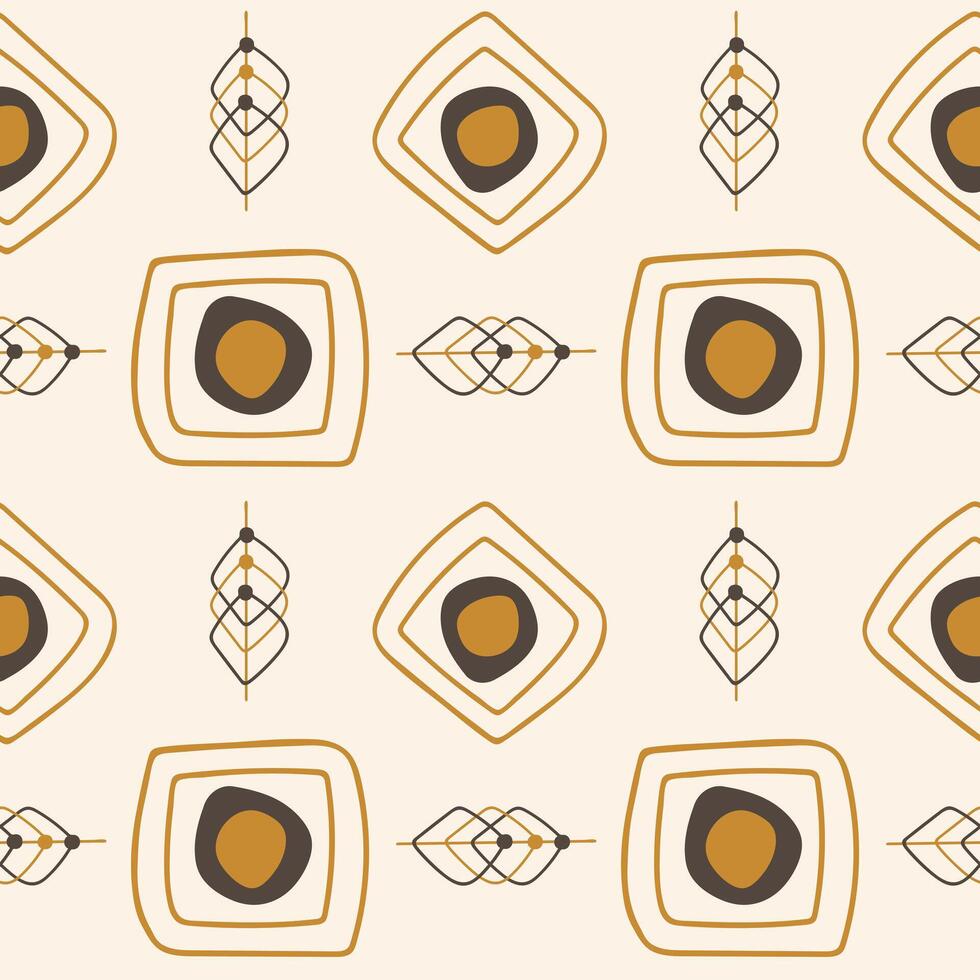 Abstract zen doodle pattern, textile background. Grey and orange shapes and linear elements on cream background. vector