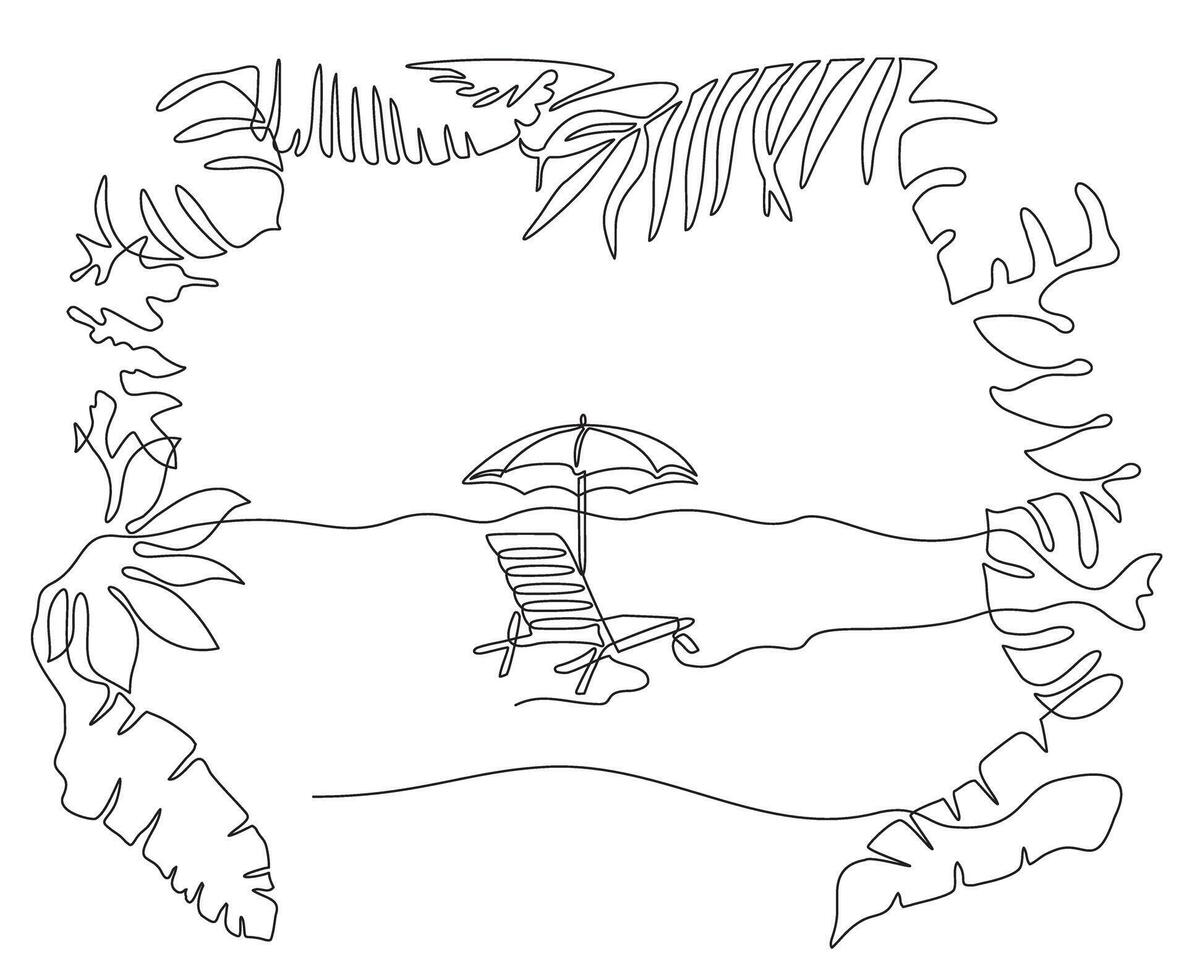 Beach umbrella and lounger near palm tree , continuous editable single line drawing. Leaves of palm trees, tropical plants in the form of a frame. Concept of summer vector