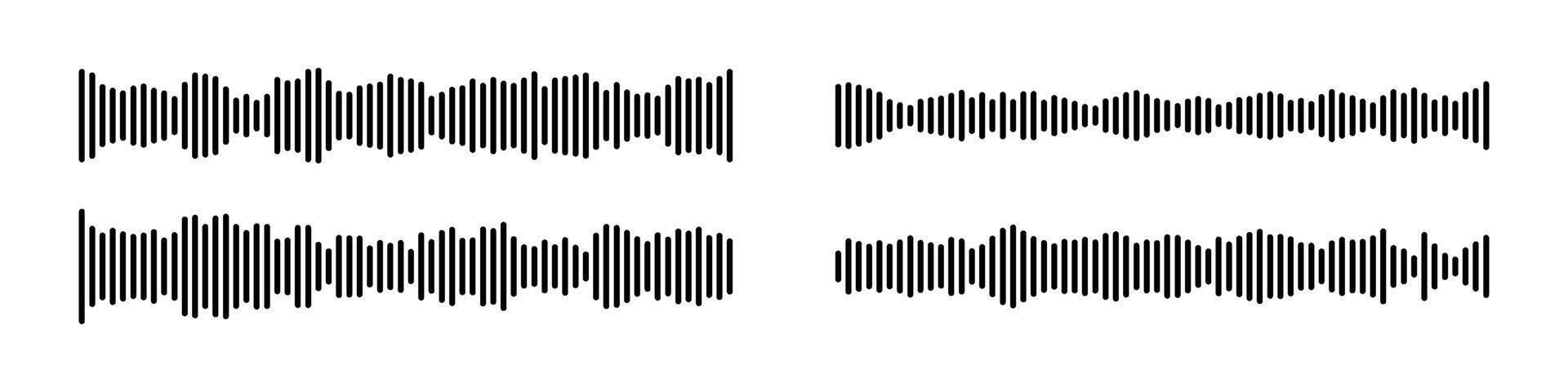 Black podcast sound wave patterns with varying amplitude bars for audio visualization and media interfaces. vector