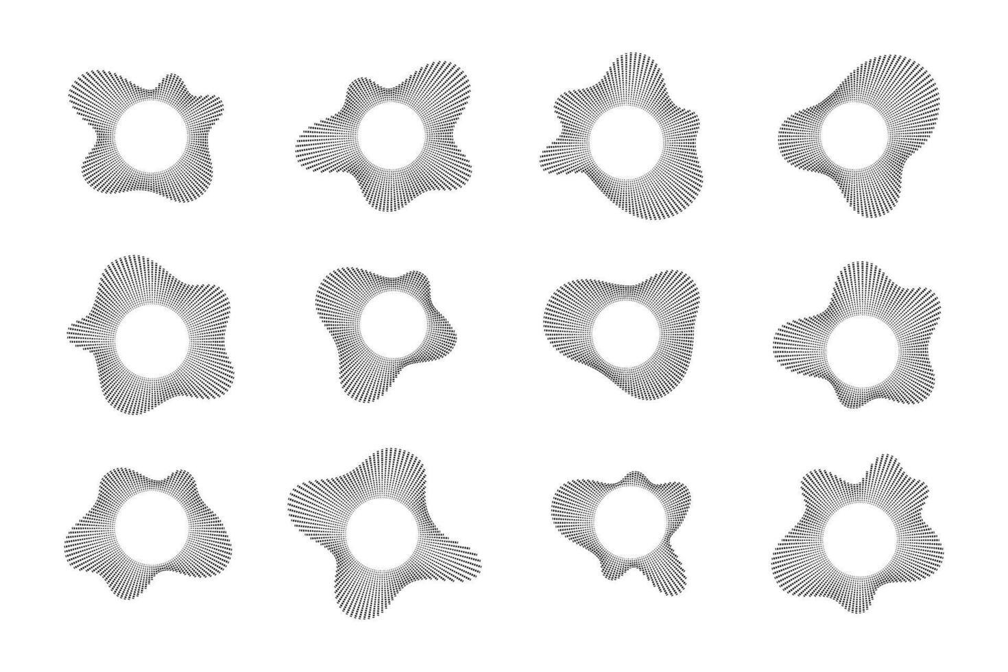 Dotted circular sound wave set with radial patterns for audio visualization and technical graphics. vector