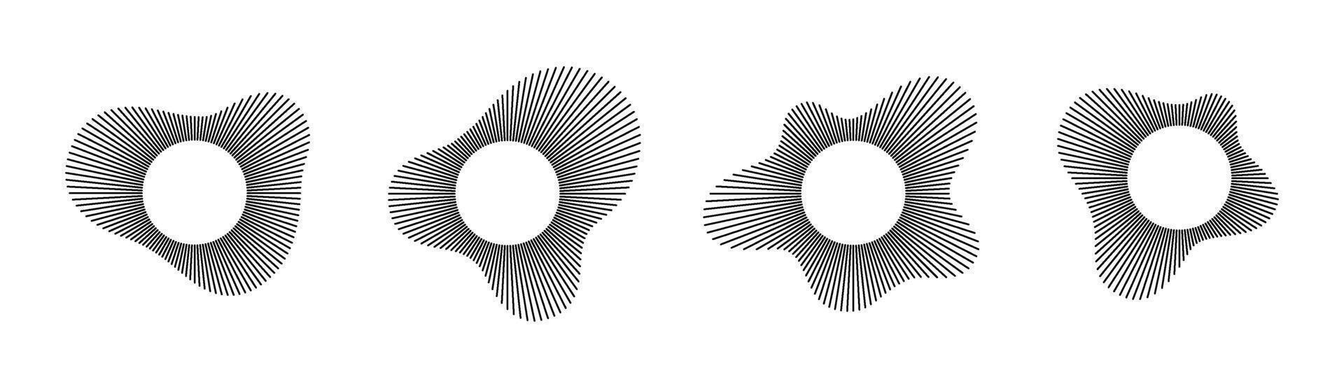 Black circular sound wave patterns with radiating lines for audio visualization and acoustic design. vector