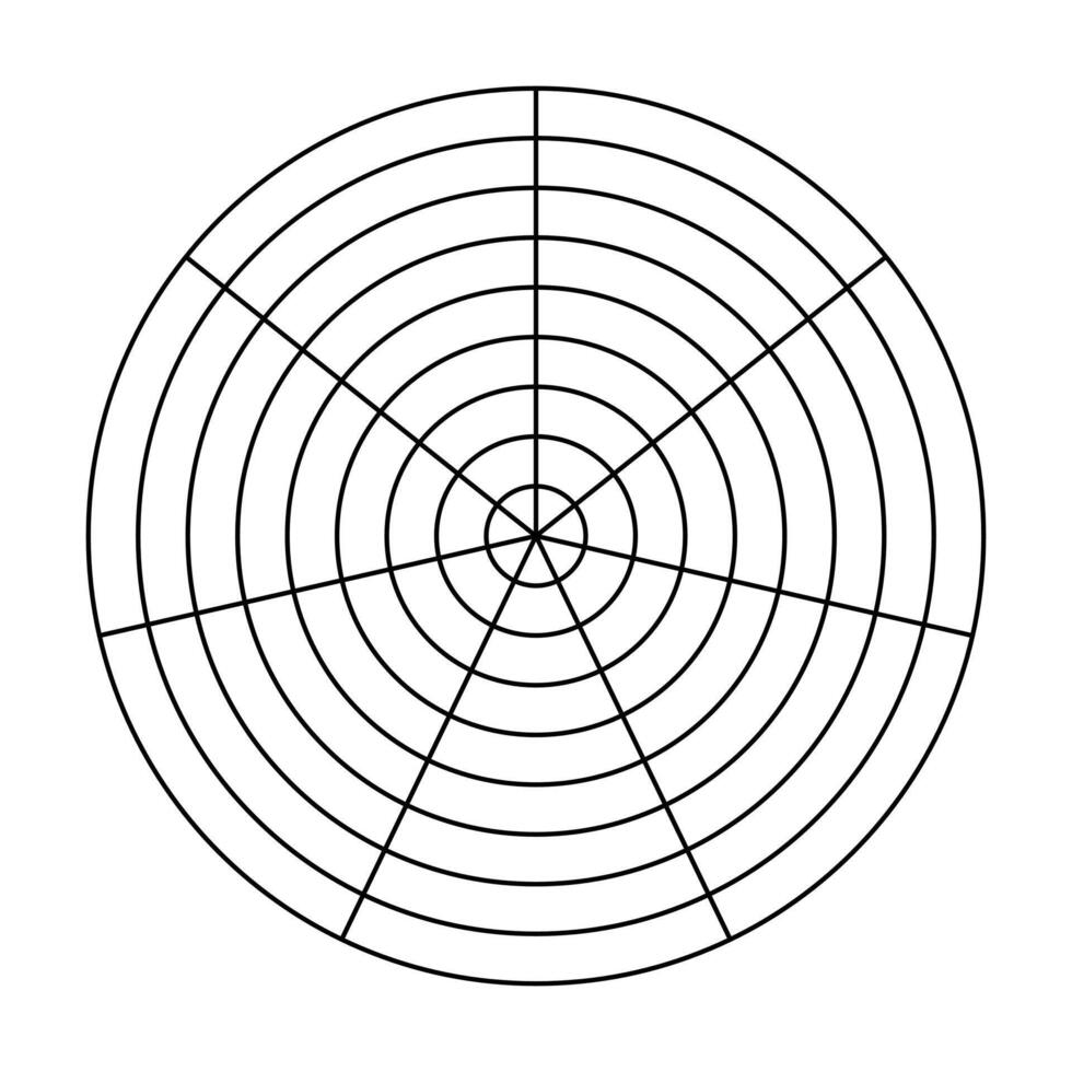 Polar grid of 7 segments and 8 concentric circles. Blank polar graph paper. Coaching tool for all areas of life. Circle black diagram of life balance. Wheel of life template. vector