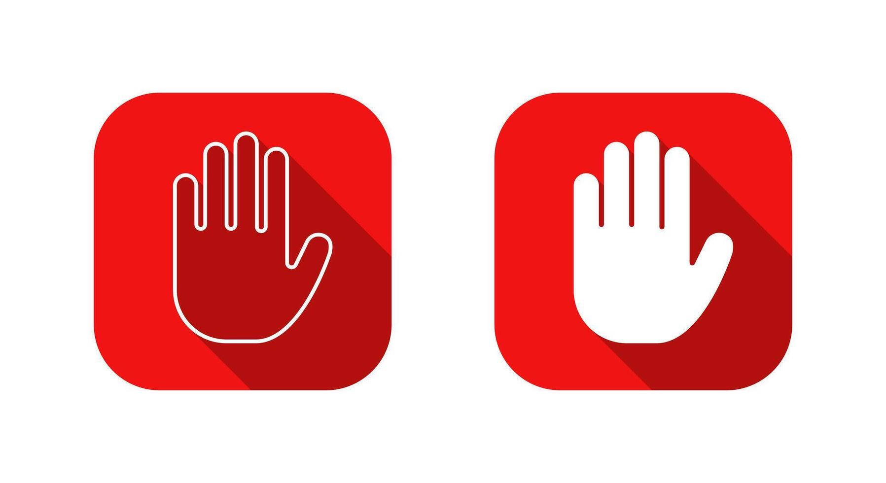 Hand stop icon with long shadow. Palm gesture symbol in red square vector
