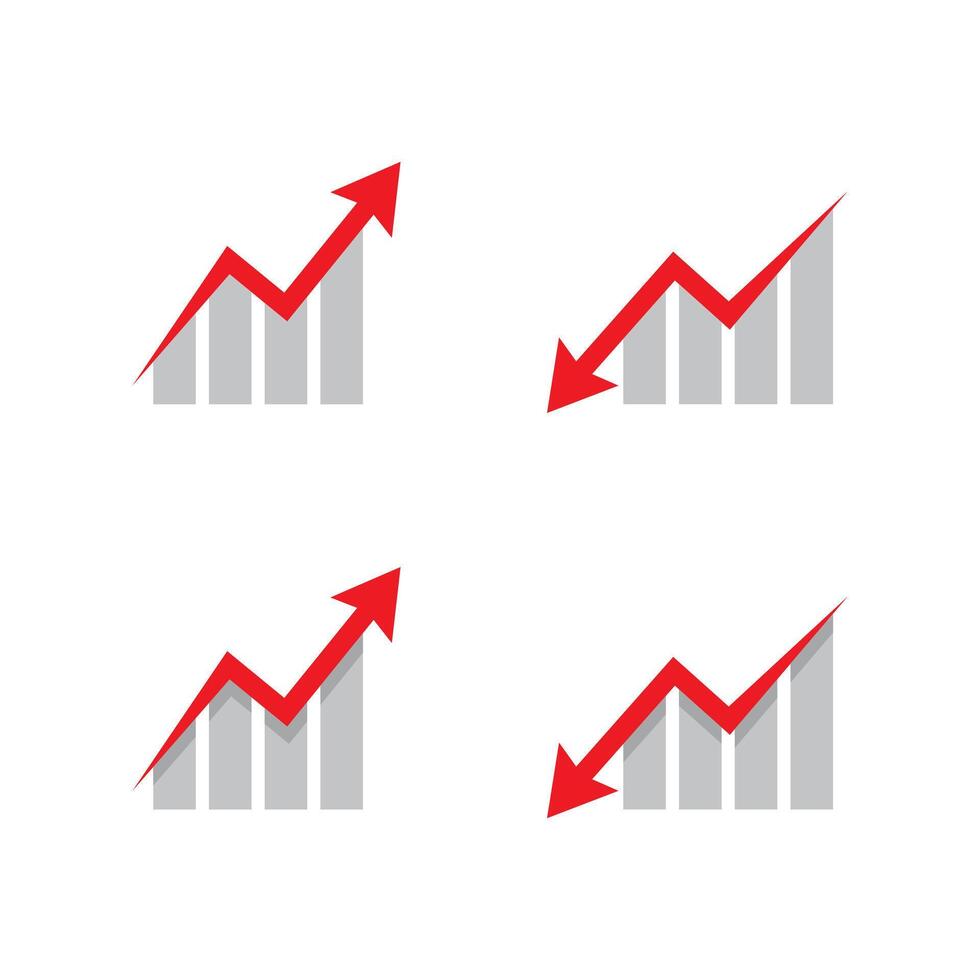 Up and down arrow on bar chart icon set. Growth and decline graph symbol. Financial trend concept vector