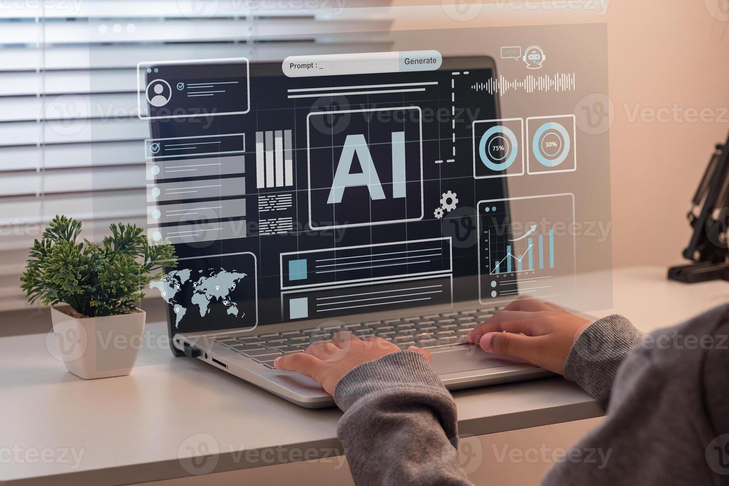 Artificial Intelligence concept. A student learning about AI technology at home. AI assistant to help learning. photo