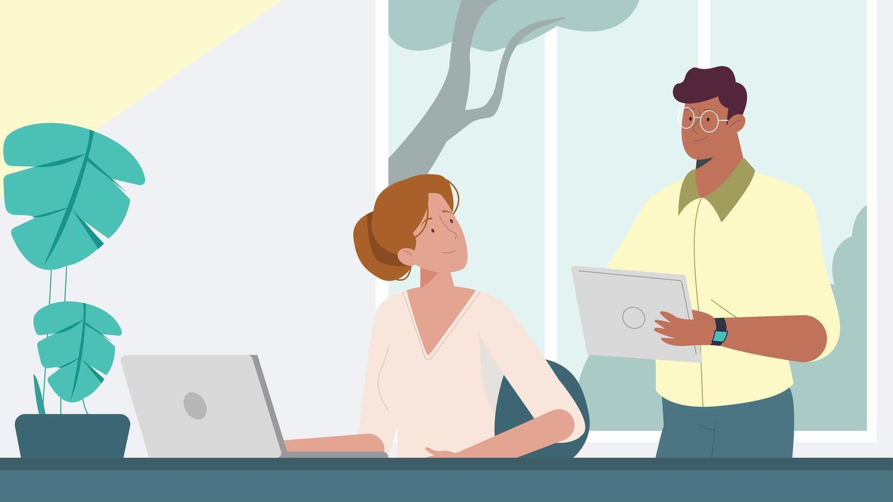 Collaborative Workspace with Diverse Team Using Laptops vector