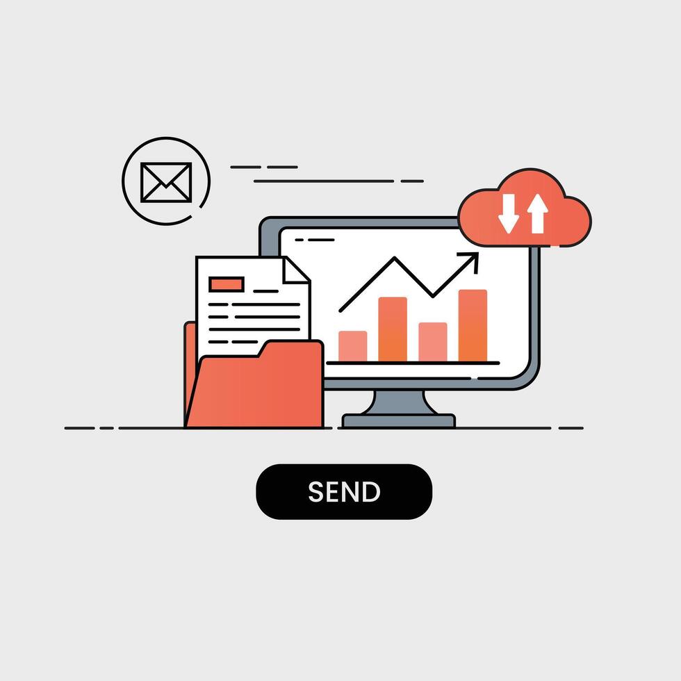 Digital illustration depicts computer monitor displaying graph with upward trends, symbolizing data analysis. folder with documents and cloud icons suggest data transfer vector