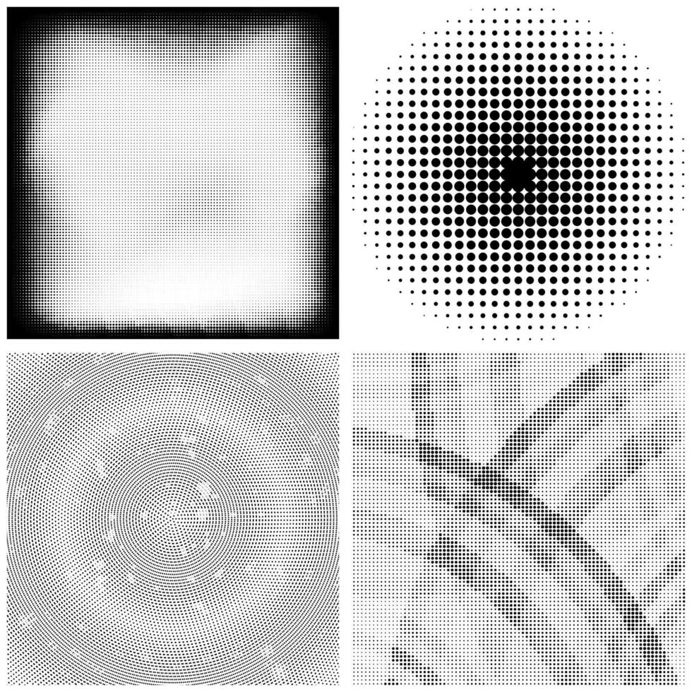 Set Halftone Pattern. Dotted Texture on White Background. Overlay Grunge Template. Distress Linear Design. Fade Monochrome Points. Pop Art Backdrop. vector