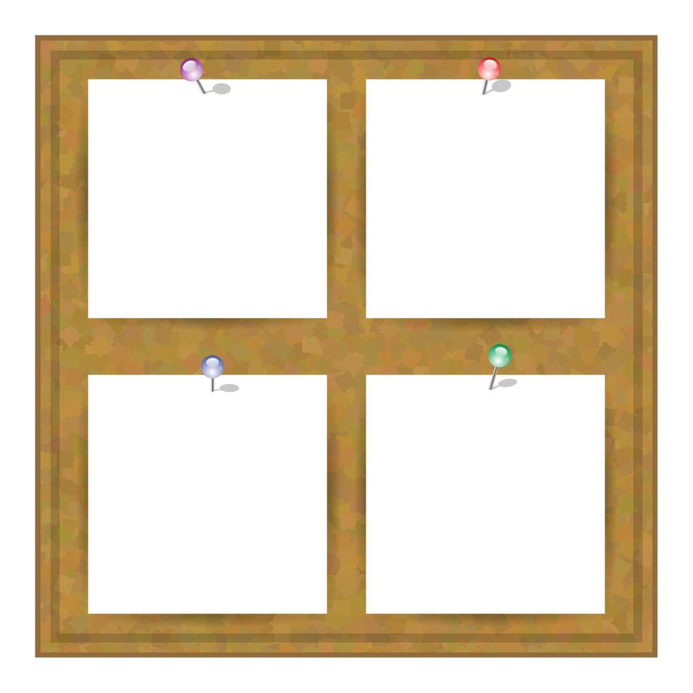 White Square Paper Set. Brown Cork Board Texture. Wood Pattern. Empty Notice Billboard. Office Banner. vector