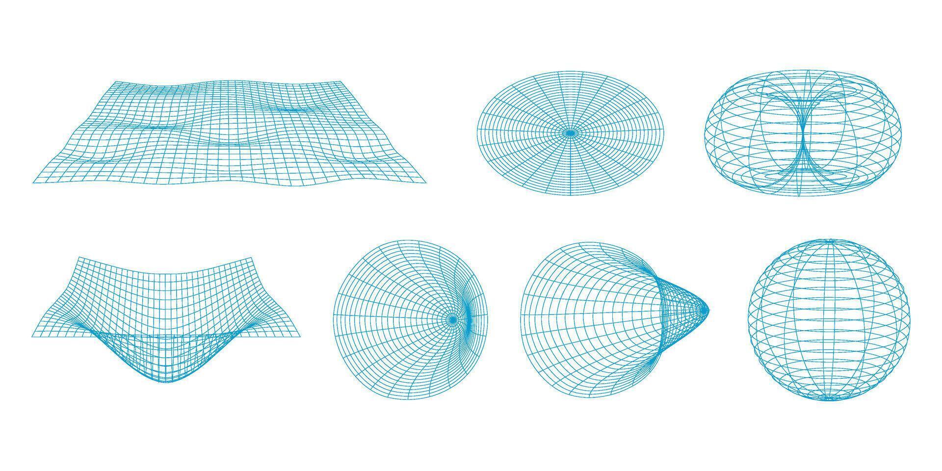 Wireframe blue geometry dimension geometric shapes 3d modeling mathematical topology surface sphere torus ellipsoid parametric curves mesh on isolated background vector