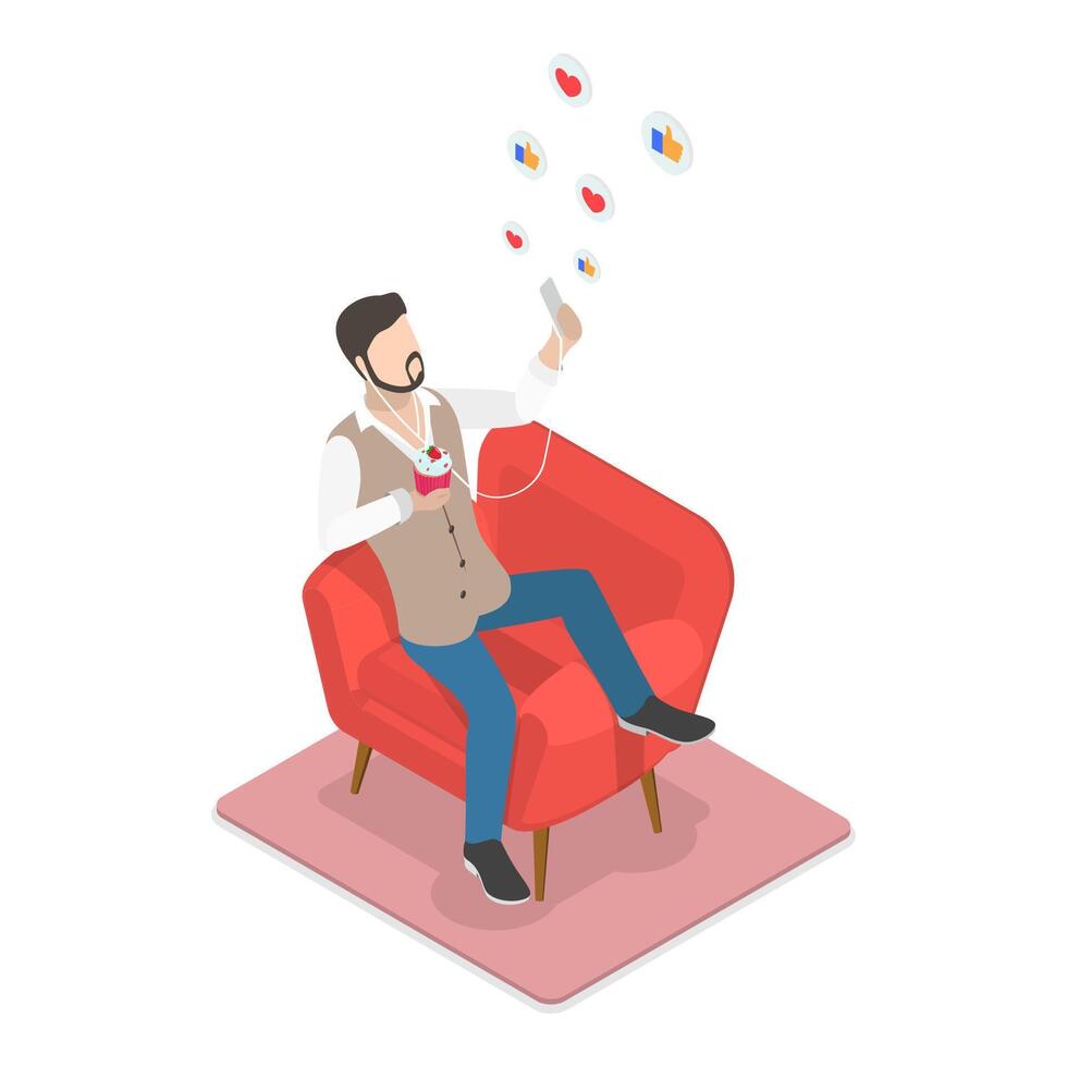 Man with smartphone in red chair vector