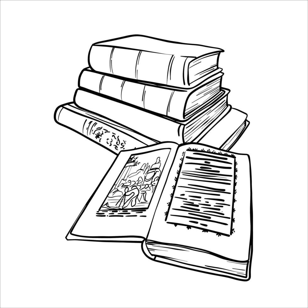 Hand drawn line illustration of a stack of books and open book. sketch Books. Black and white line drawing of a book is with open pages and Stack of Books. Literature in outline drawing eps10 vector