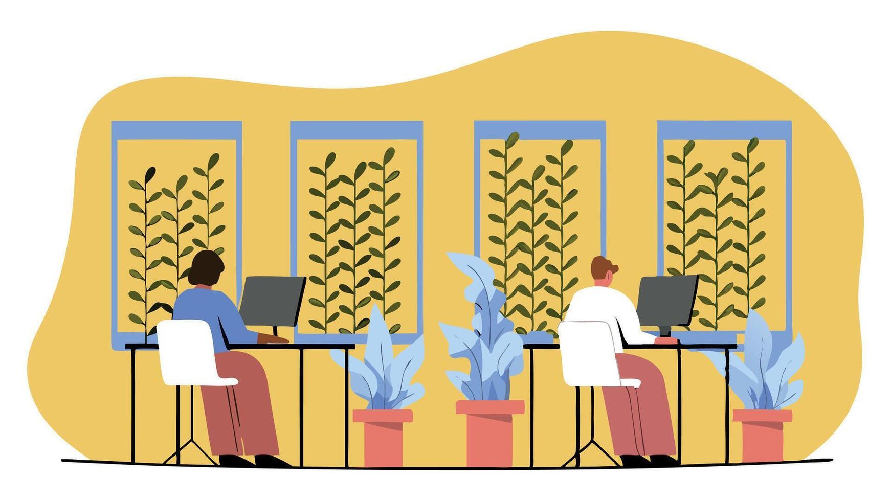 Two individuals working at desks in a bright workspace filled with plants, showcasing a modern office environment with a focus on productivity and creativity vector
