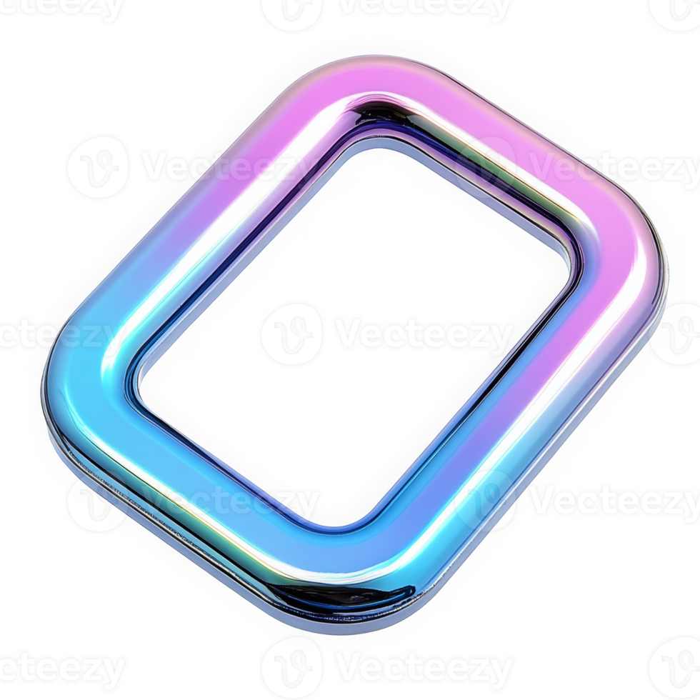 3d holographic chrome square frame, glossy reflective surface with metallic gradient effect. Retro y2k decoration, isolated modern geometric rendering. png