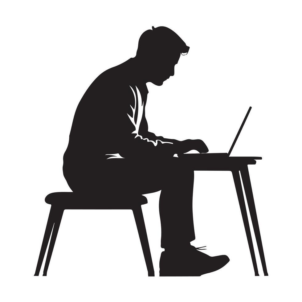 Silhouette of a man sitting at a desk typing on a laptop computer 1 vector