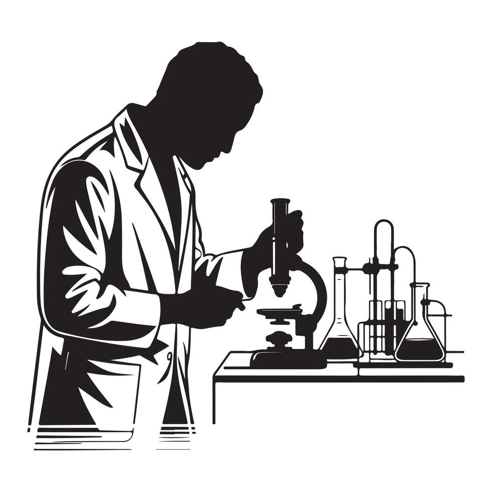 Silhouette of scientist in lab coat using microscope with scientific equipment laboratory research vector