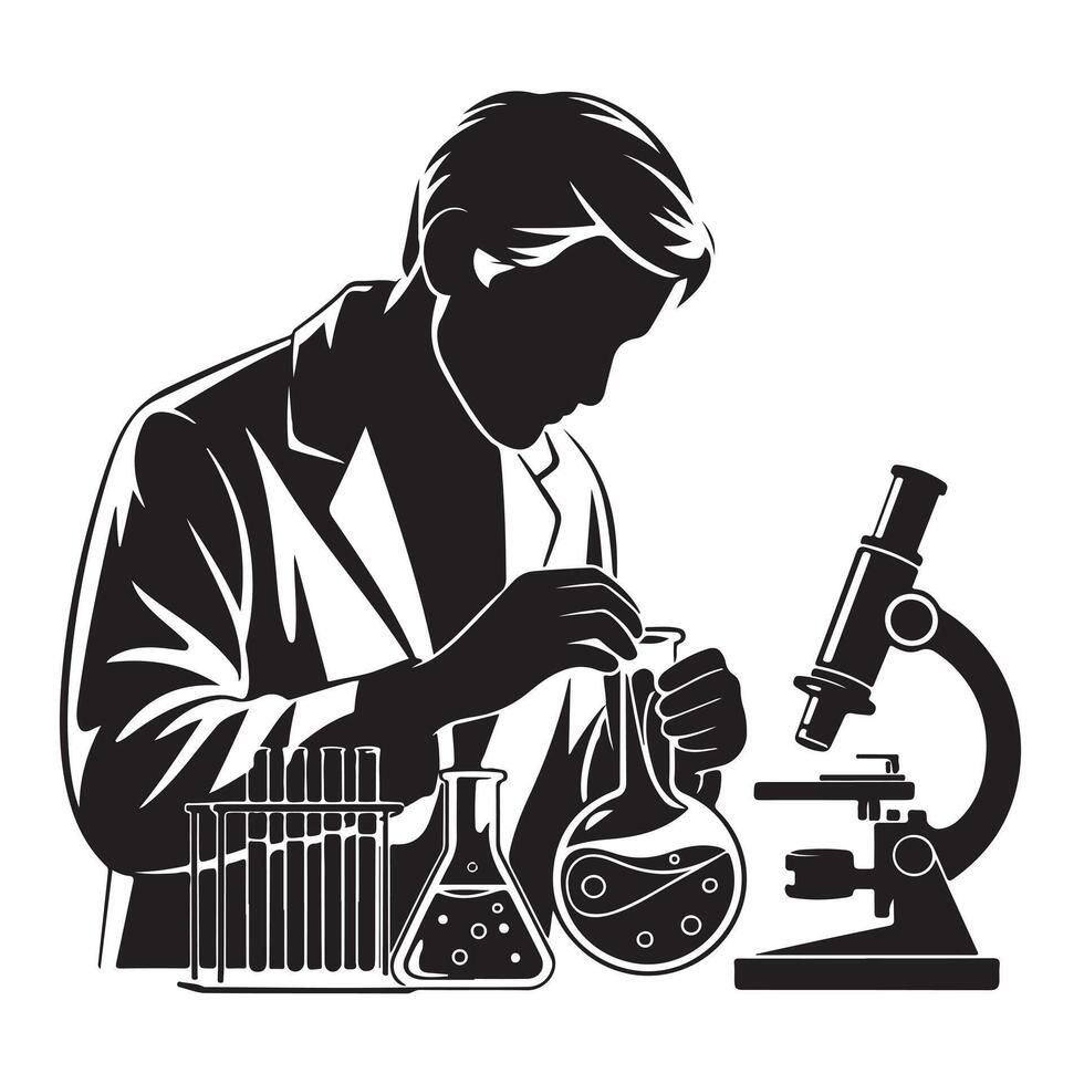 Scientist in lab coat working with test tubes and microscope in black and white laboratory research vector