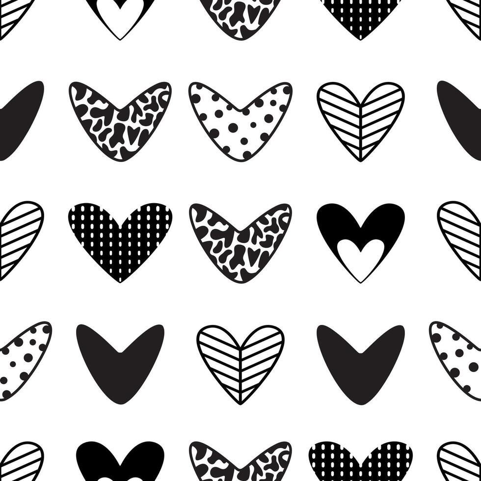 Seamless pattern, cute hearts filled with different patterns, monochrome endless background vector