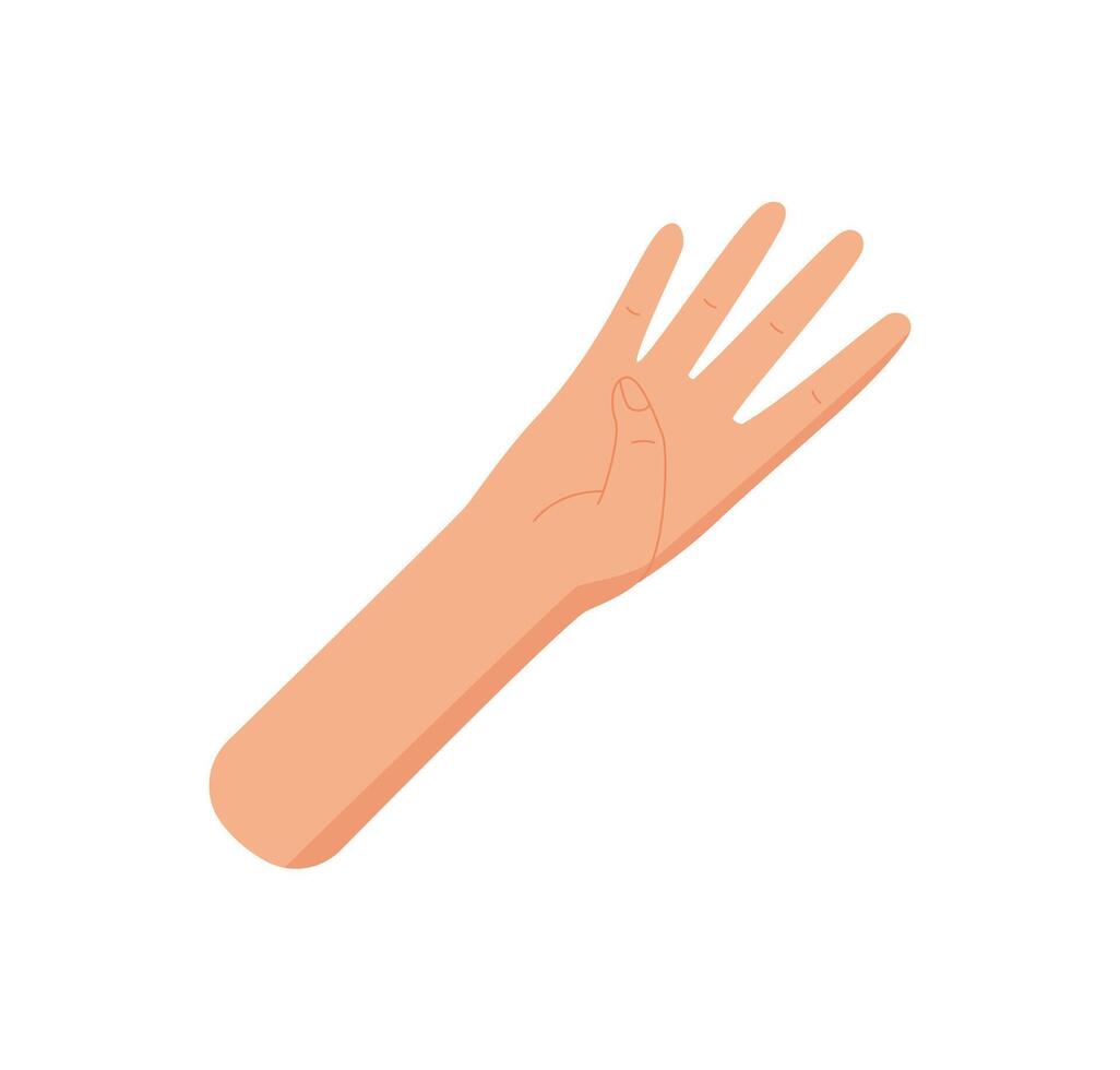 Flat cartoon hand gesture showing four fingers sticker. Palm raised to display the number 4 in a minimalist style. Bare hand with open palm, symbol of counting and math, isolated on a white background vector
