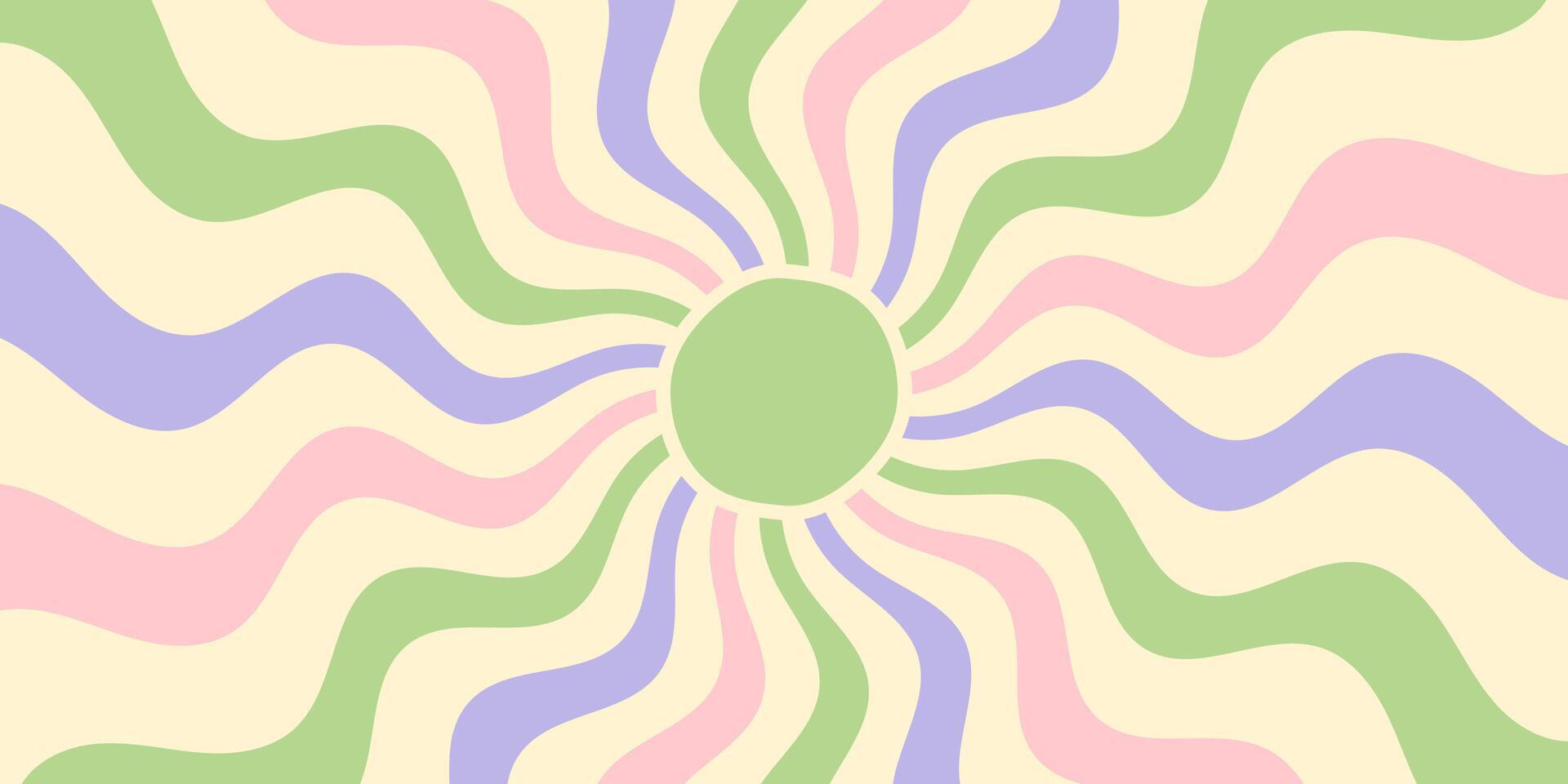 Groovy retro sun burst pastel background with a wavy circle and sunshine motif. Sun rays form soft wave shapes in a graphic y2k style horizontal image, ideal for vibrant, cool, trendy themes. vector