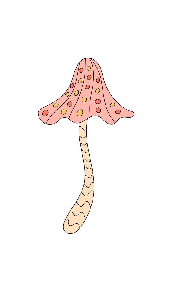Retro groovy mushroom in pink cartoon graphic style sticker. Sticker with colorful trippy shroom and groovy element in a psychedelic retro theme, fun vibrant graphic for playful design concepts. vector