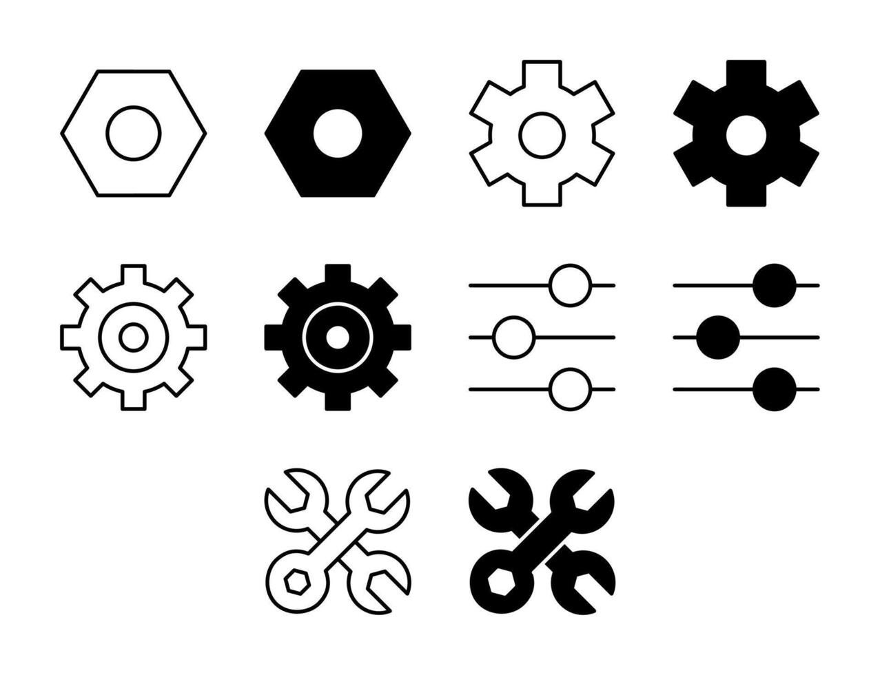 Settings UI Icon Set Solid Line Gear Control Style Collection vector
