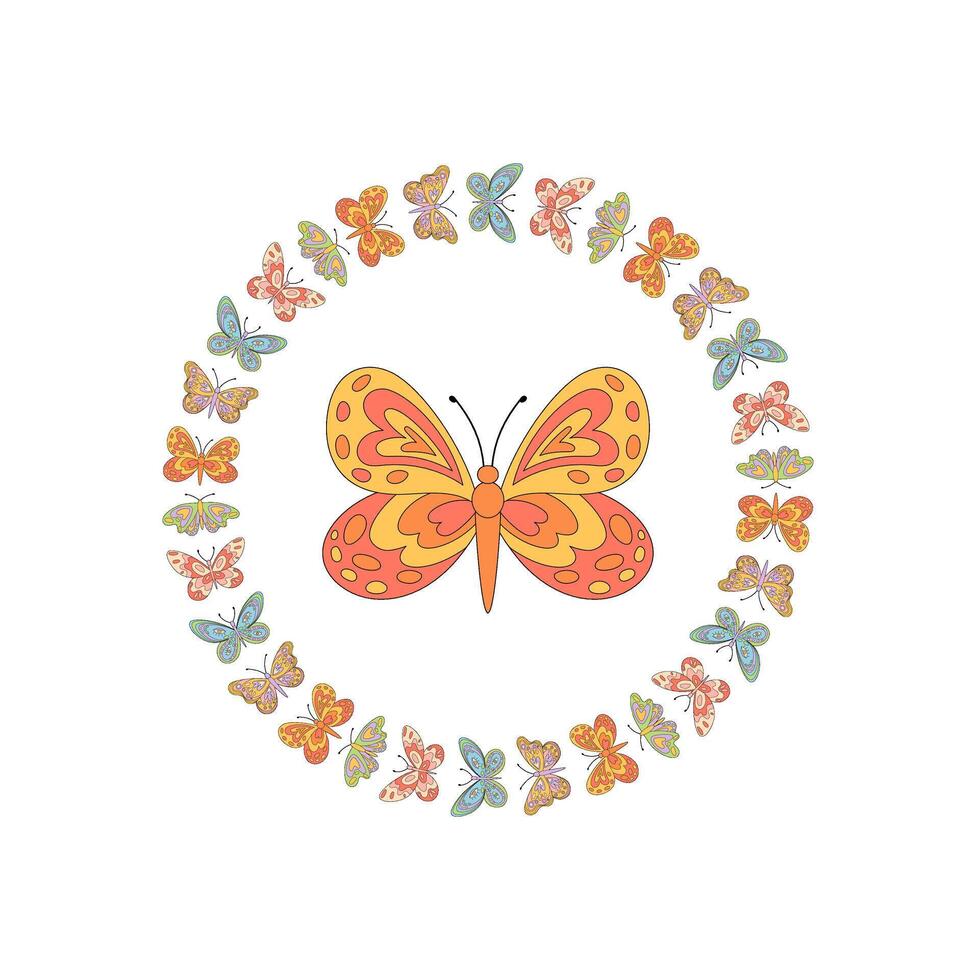 Groovy retro butterfly in a circle frame pattern. Colorful floral border pattern creates a vibrant background and artistic y2k graphic. Ideal for trendy decor and bold modern accents. vector