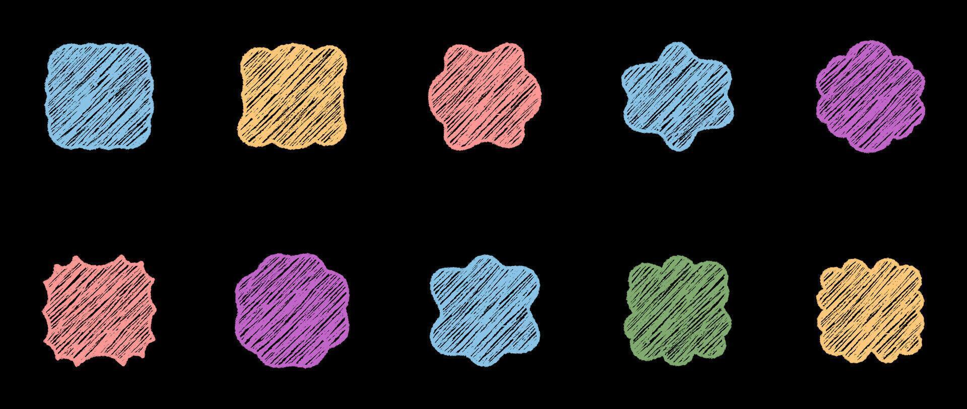 Groovy chalk rectangle frame set in a retro y2k style with hatched shading and scallop bubble border. Crayon sketch background and bold shape for graphic edge in modern creative use. vector