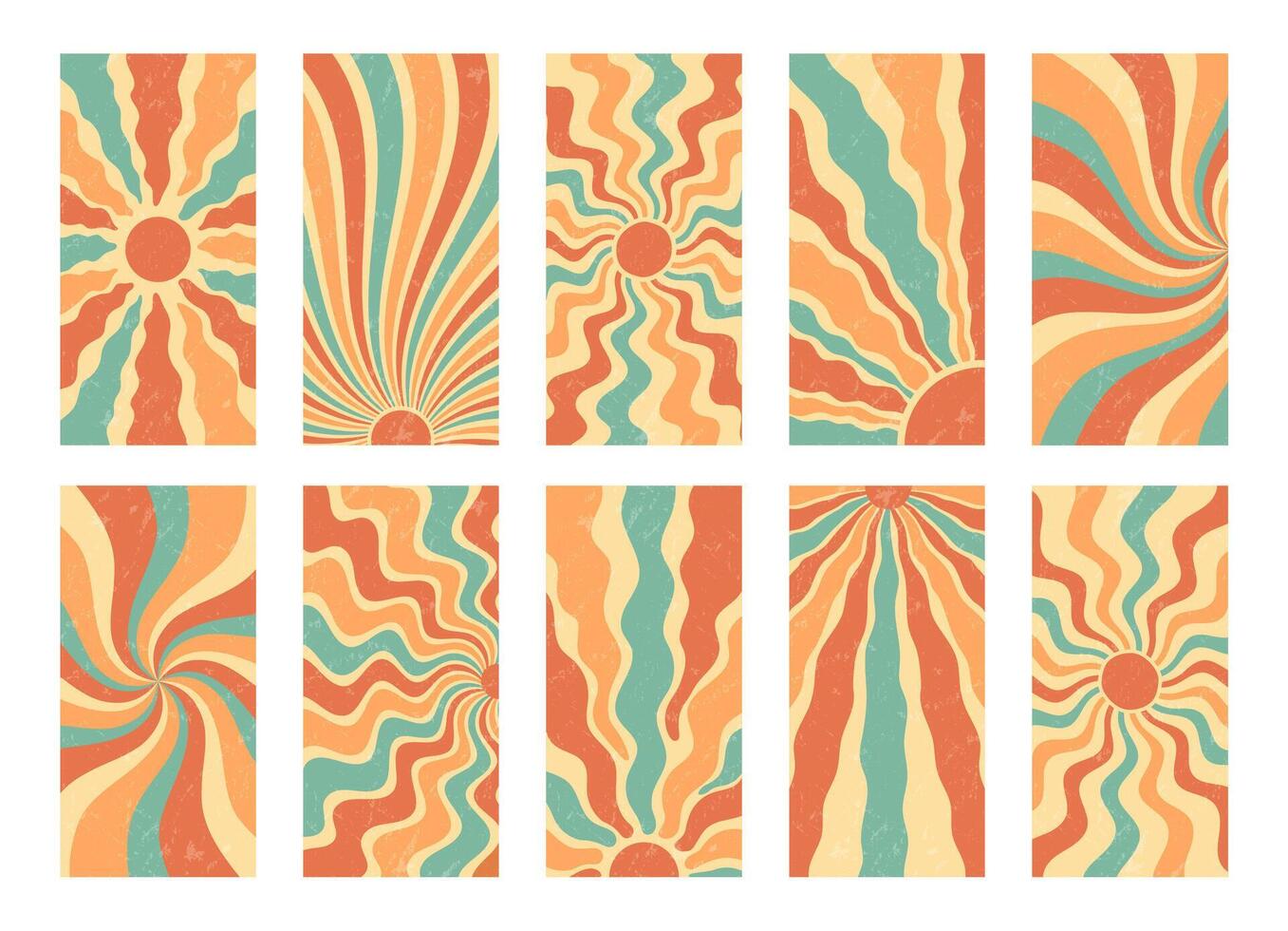 Groovy retro sun burst set with bold wavy shapes and vibrant orange and yellow burst. Swirl, y2k, grungy sunshine background in vertical orientation, with unique grunge texture for striking visual vector