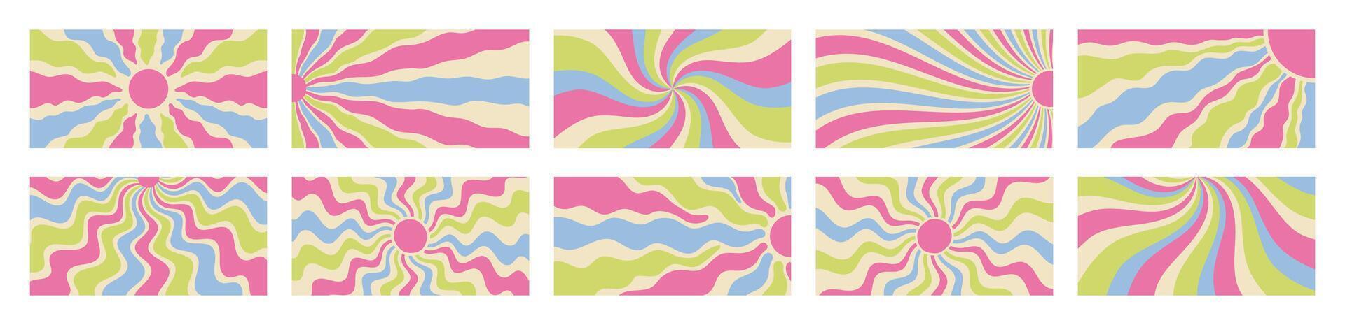 Groovy retro sun burst with swirl pattern and flat y2k style set. Sunshine ray and wave fill this horizontal background with pink burst set. Vivid abstract summer look, perfect for contemporary vector