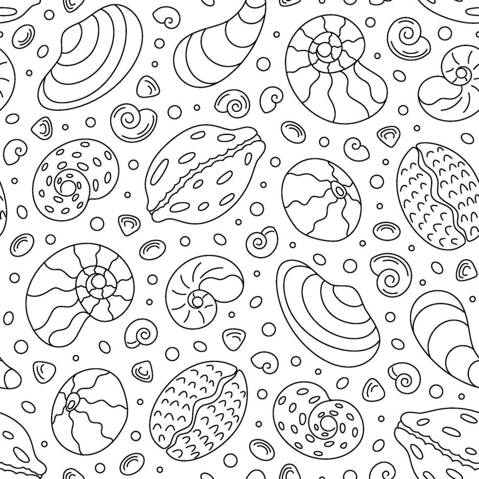Seamless underwater pattern with marine seashells in contour outline. Aquatic ocean design with sketch style and line elements. Perfect for summer themes, marine projects, or aquatic decor, offering vector