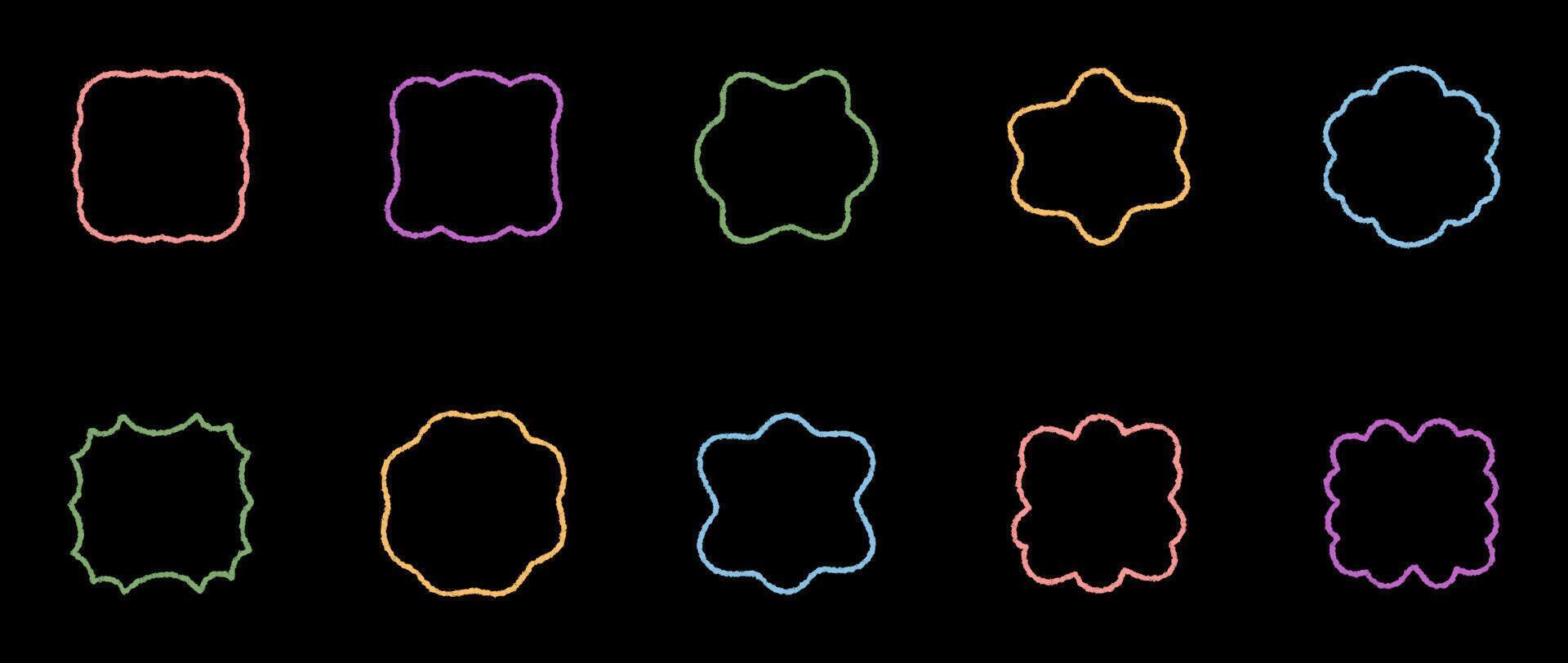 Groovy colorful crayon scallop rectangle border set with doodle outline style. Retro frame shapes in a y2k chalk background and graphic element with fun, abstract, modern design appeal. vector