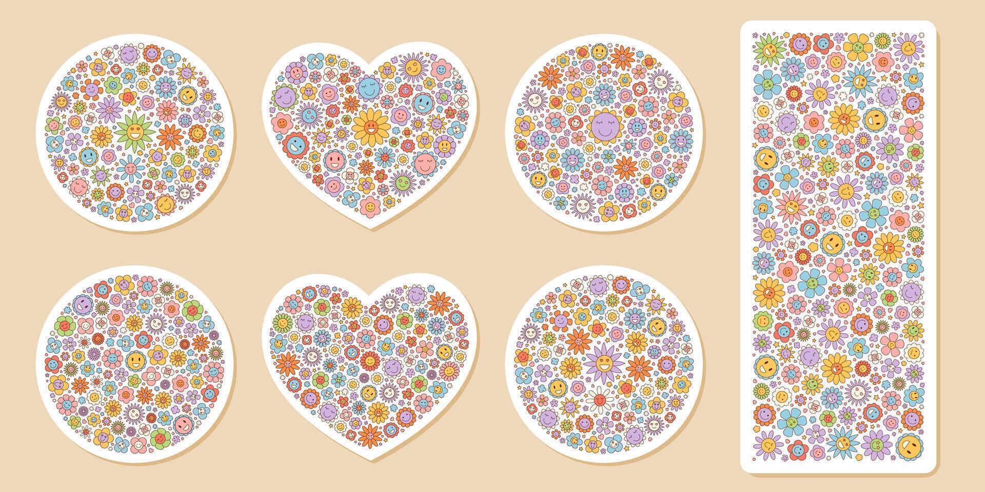Groovy retro flower sticker set with colorful heart, daisy and smiley cartoon badge. Circle patch and y2k background, this funky collection adds a fun pop accent in vintage cheerful style. vector