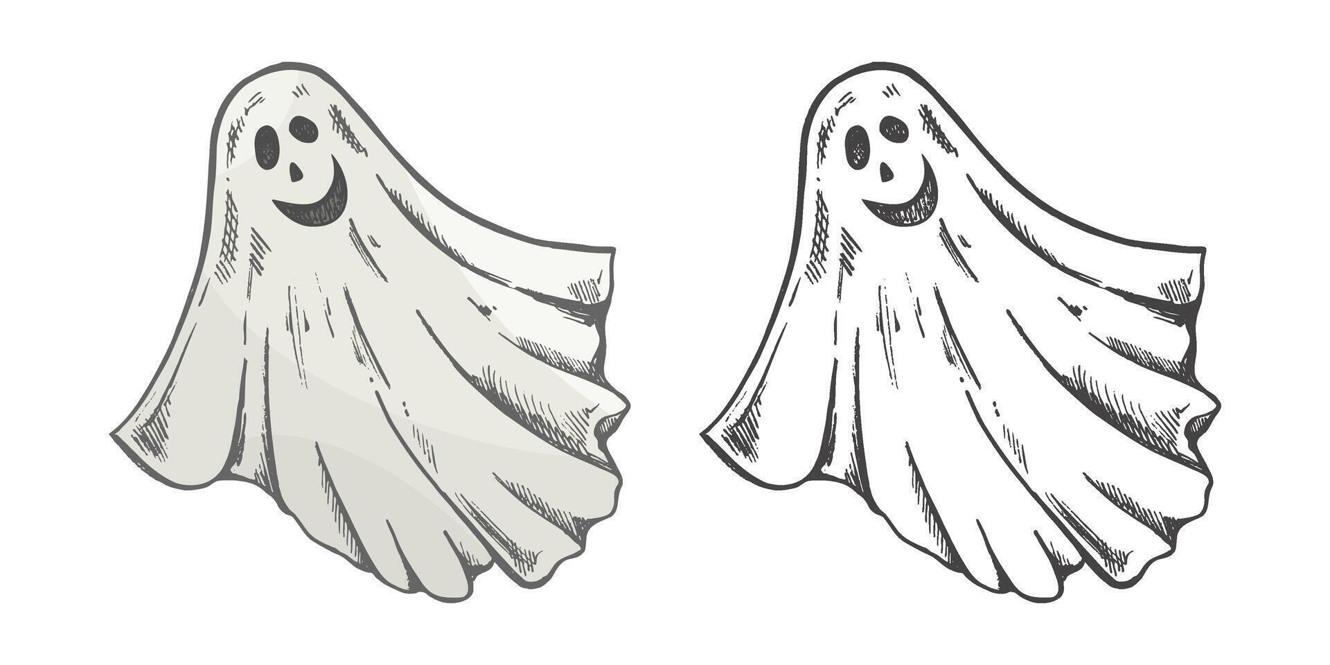 Hand drawn vintage sketch of spooky ghost with happy face in monochrome and color version, isolated illustration vector