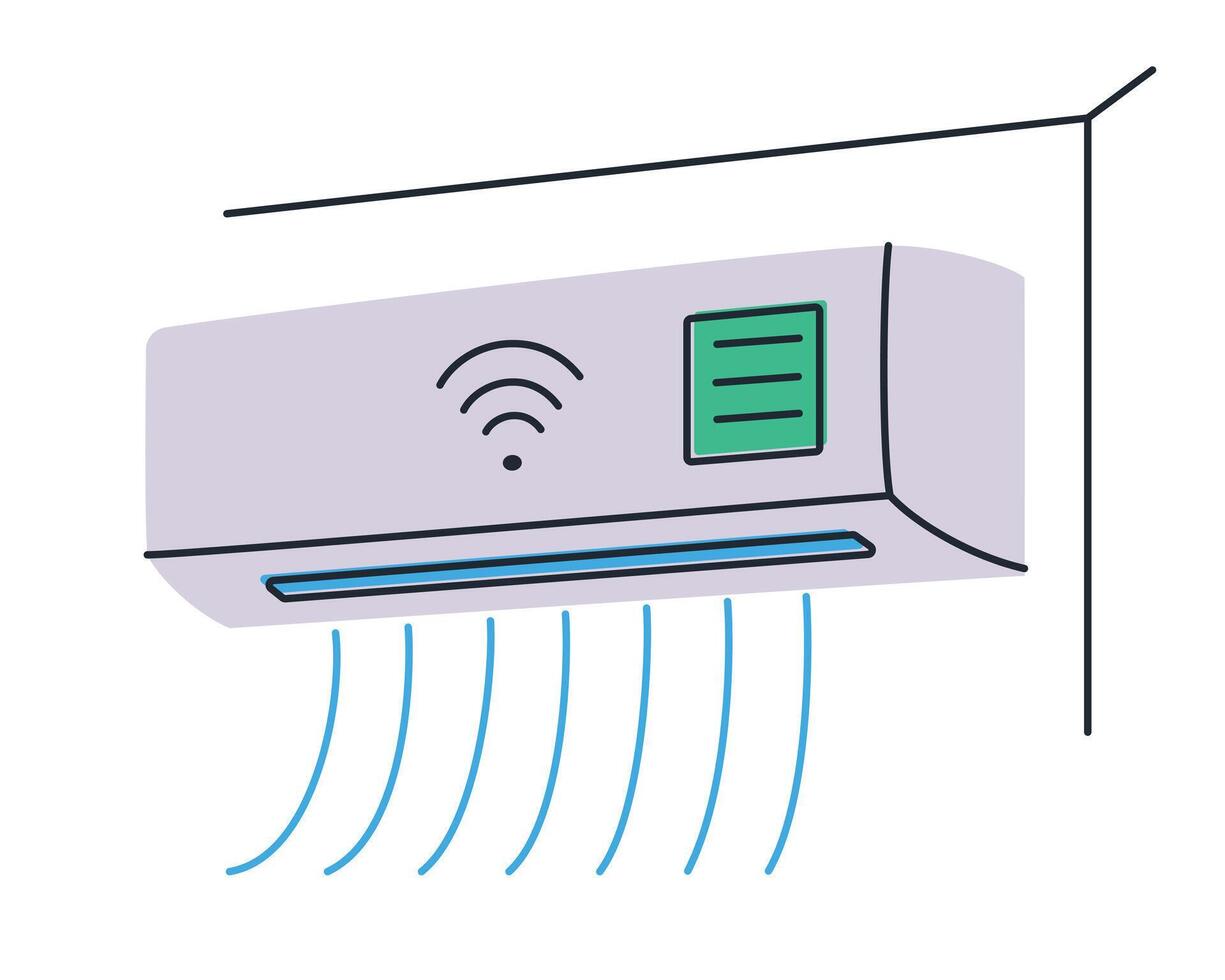 Flat cartoon illustration of air conditioner with wifi control, smart home system. Modern cooling device for temperature comfort, home automation, energy saving, technology and lifestyle vector