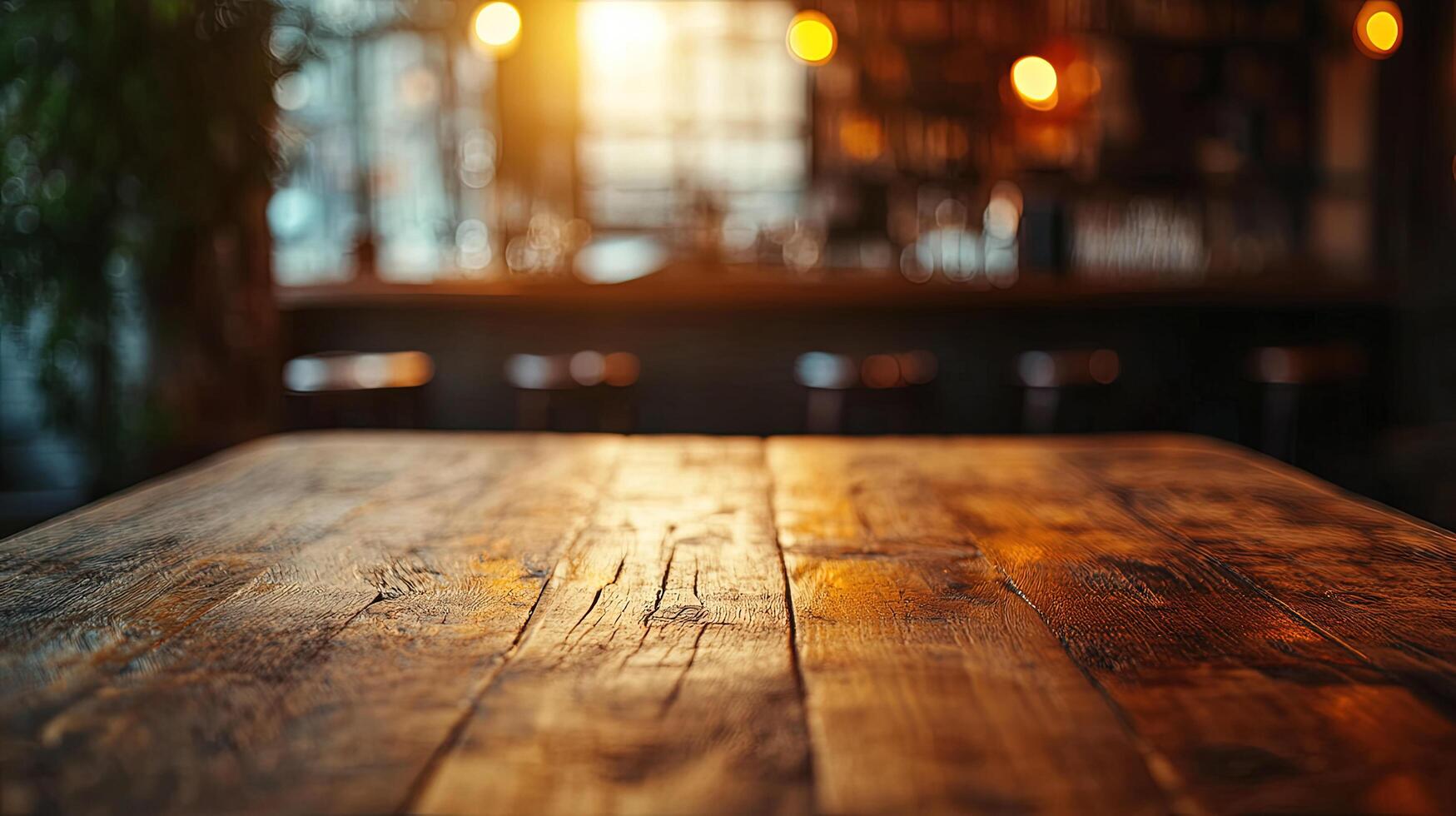 Sunlit wooden table surface shines with a blurred bar backdrop featuring glowing lightbulbs creating inviting ambiance photo