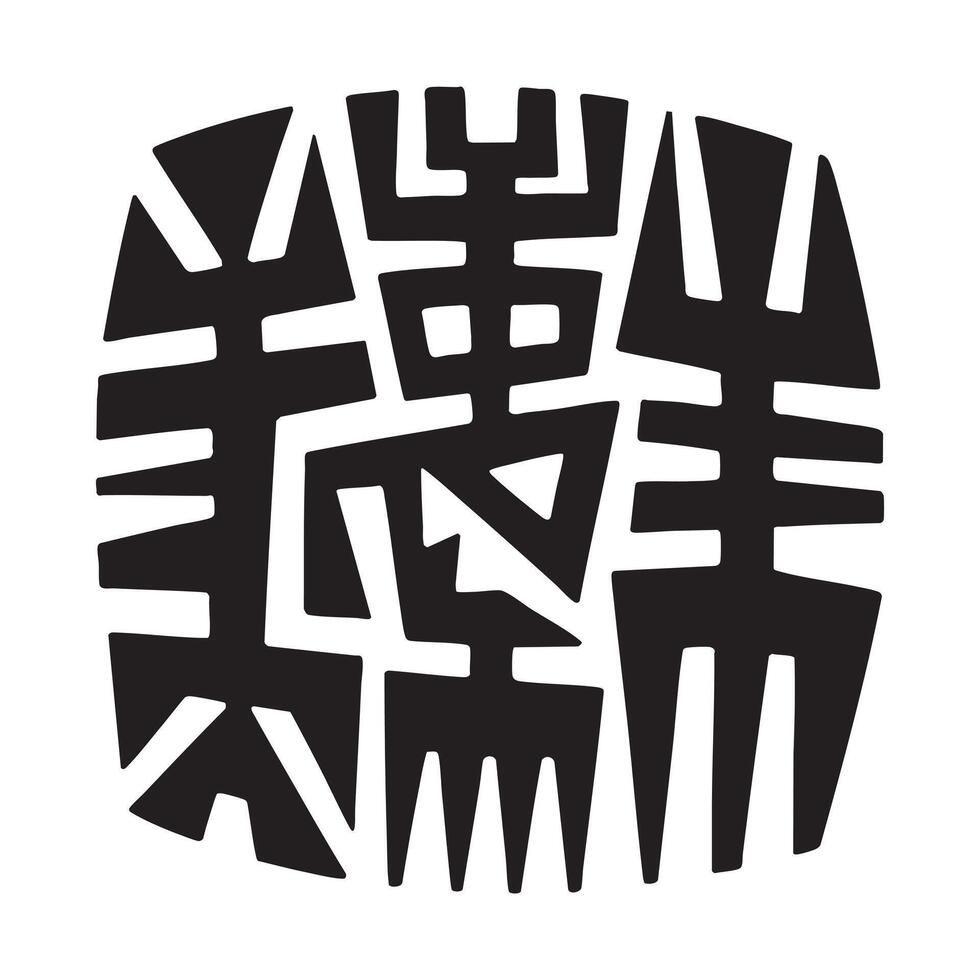 Striking Abstract Artwork In Tribal Inspired Silhouette Style With Dynamic Central Cluster Of Angular Black Shapes Minimal Decorative Design vector