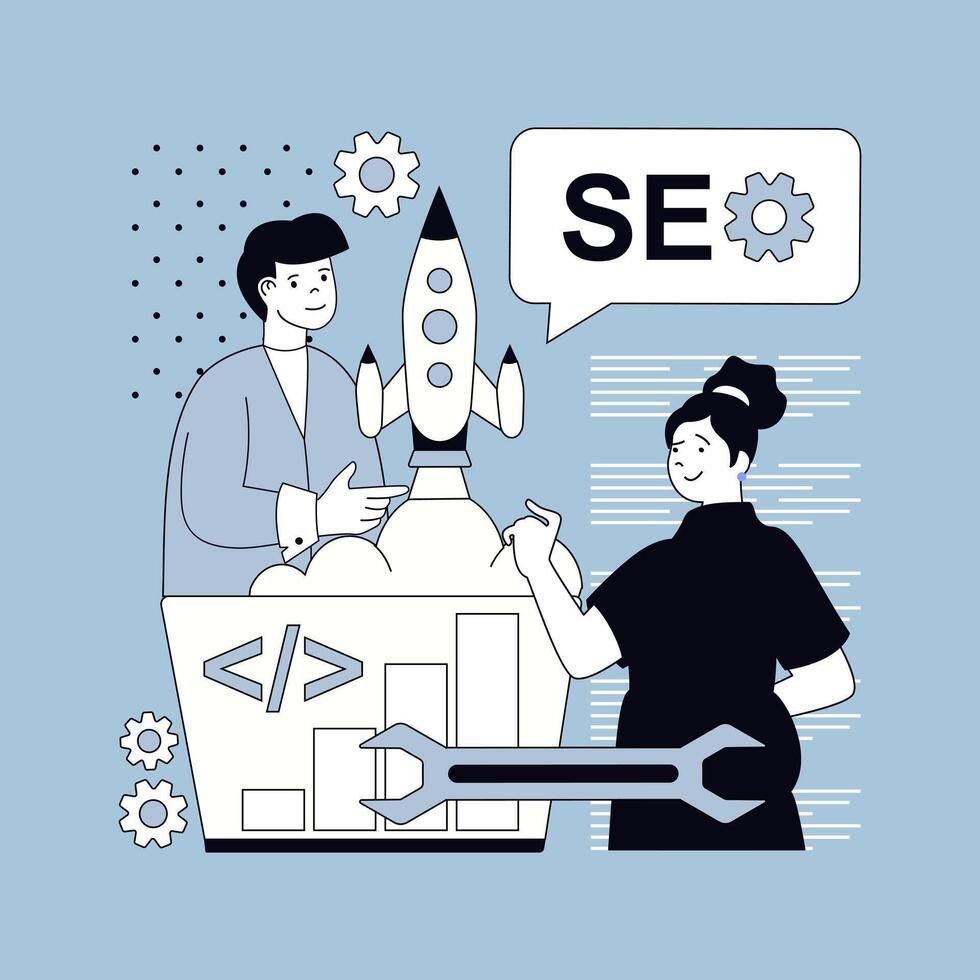 Seo optimization concept for modern web design. People research online website traffic data, selecting keywords, settings and optimizes site metrics, working with performances. illustration. vector