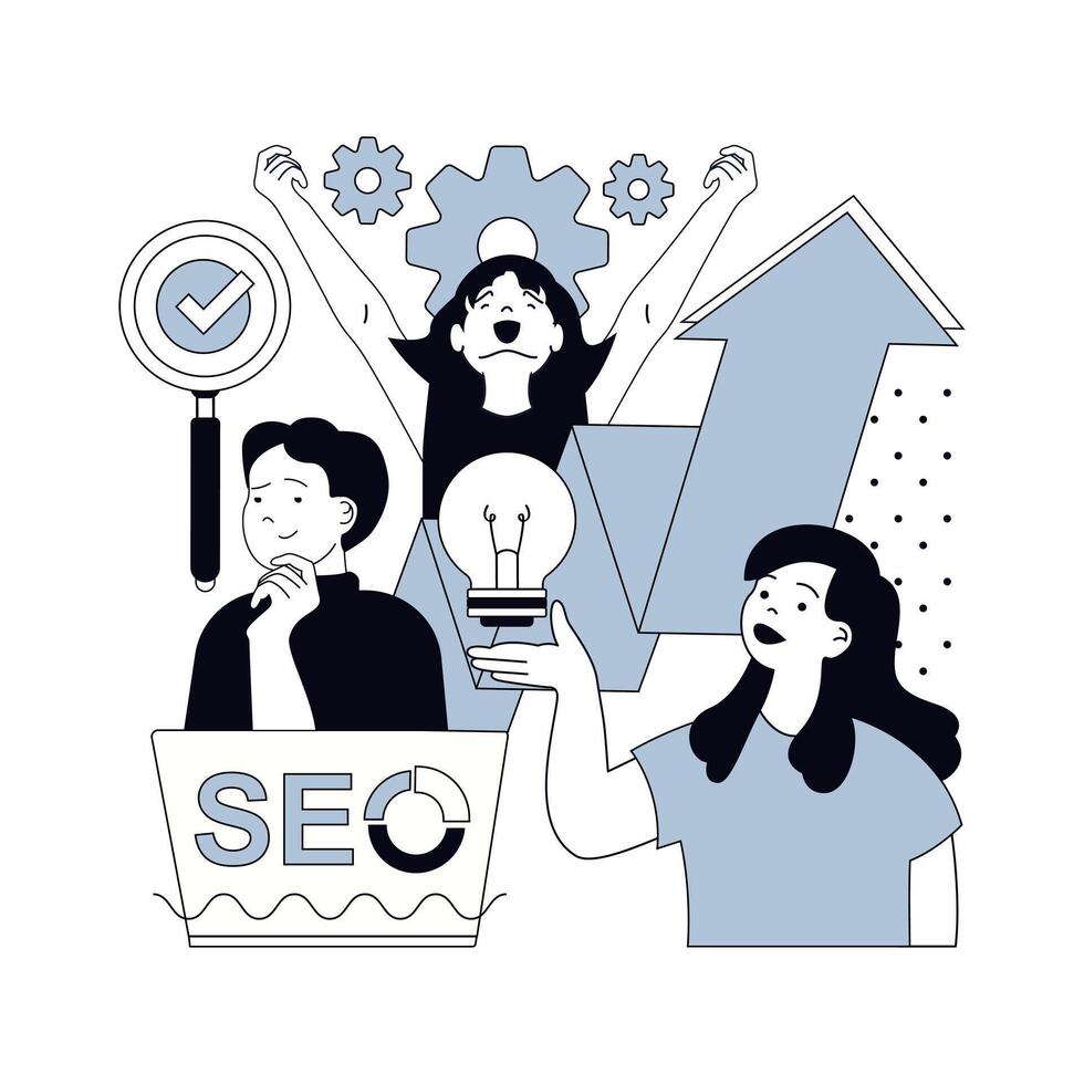 Seo optimization concept for modern web design. People research online website traffic data, selecting keywords, settings and optimizes site metrics, improving rating results. illustration. vector