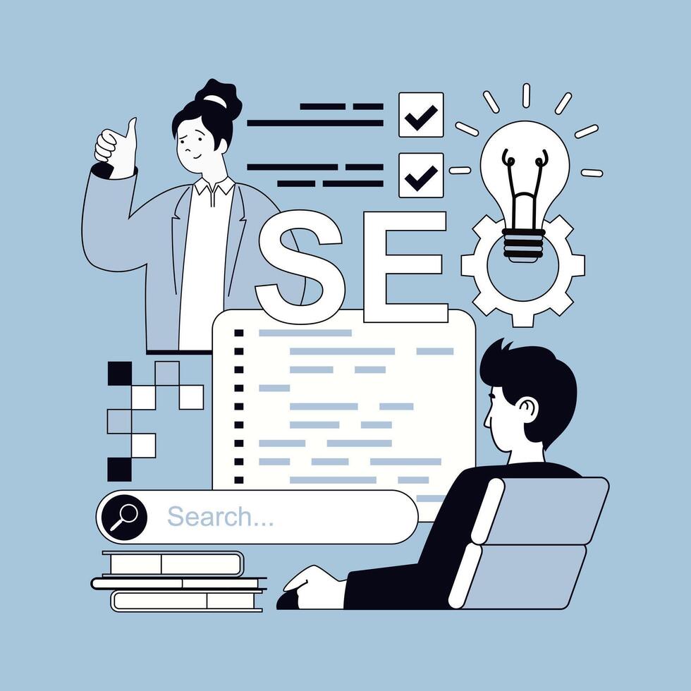 Seo optimization concept for modern web design. People research online website traffic data, selecting keywords, optimizes site metrics, working with links and improve ratings. illustration. vector