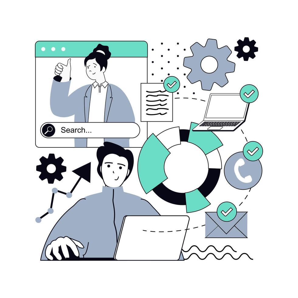 Project management concept for modern web design. People brainstorming, creating success strategy, working in team with emails, calls and other tasks, productivity process. illustration. vector