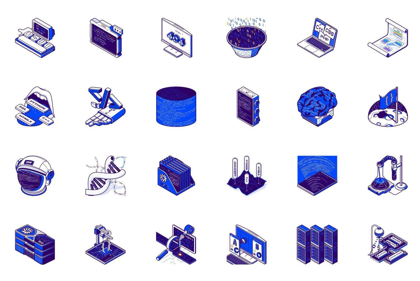 Programming concept of 3d isometric icons set. Collection with computer code, coding program, software, python, html, java, script, computing and more in isometry design for web. illustration. vector