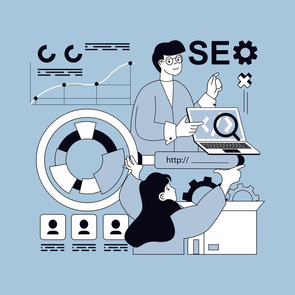 Seo optimization concept for modern web design. People magnifying and researching online traffic data, selecting keywords, settings and optimizes website metrics, target profiles. illustration. vector