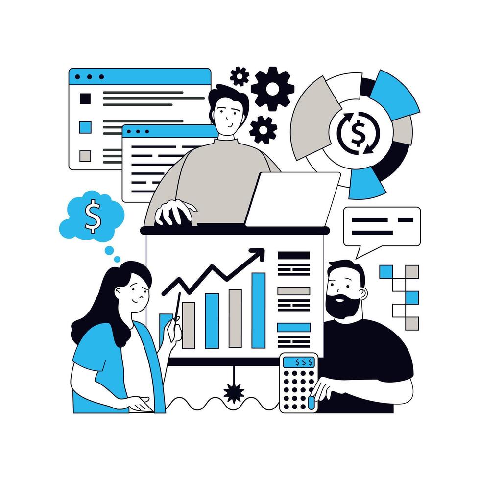 Statistics and analytics concept for modern web design. People monitoring datum results online, learning data at charts, working with financial graph and profit performances. illustration. vector