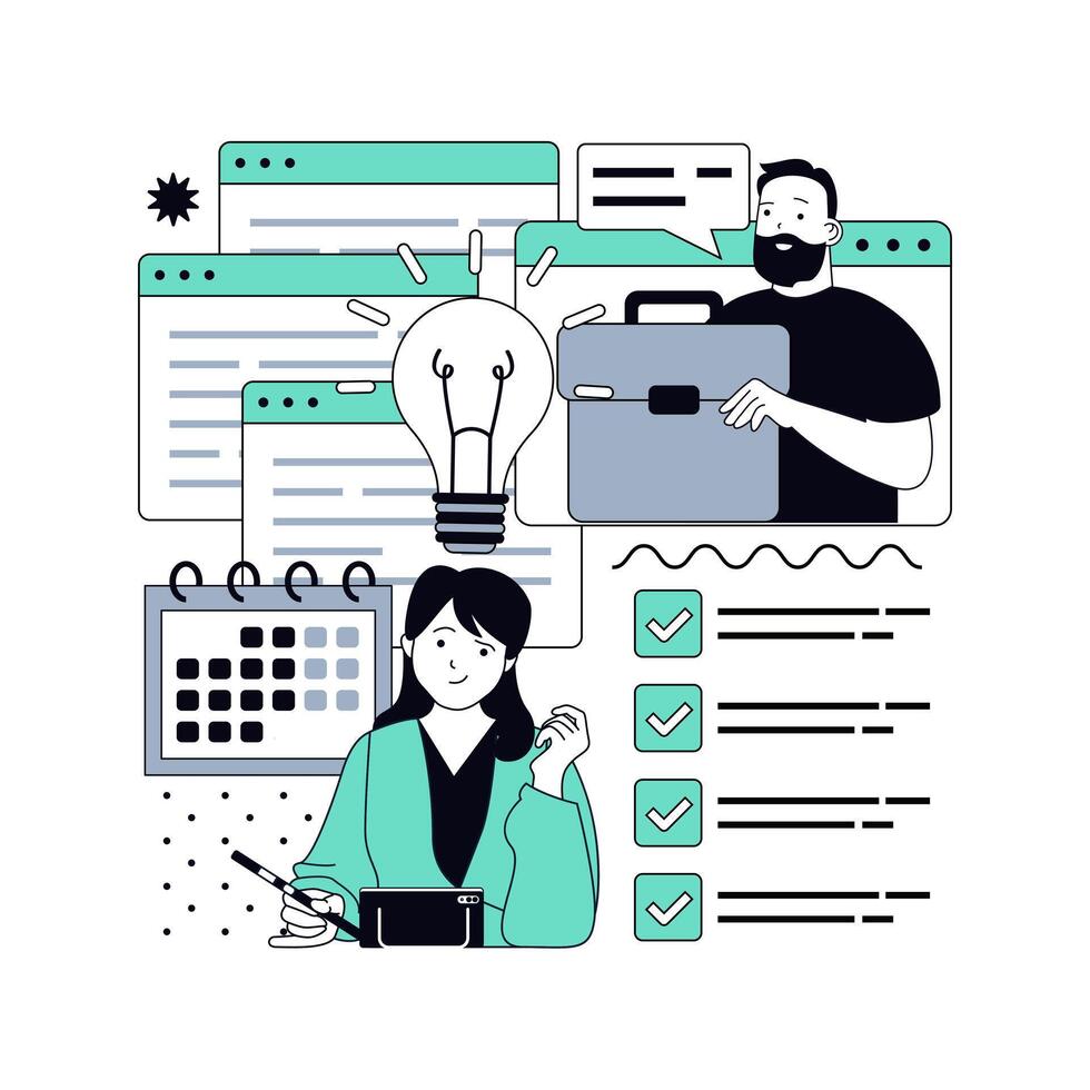 Project management concept for modern web design. People marking tasks with checklist, brainstorming and analyzing new ideas, creating strategy, development and improvement. illustration. vector