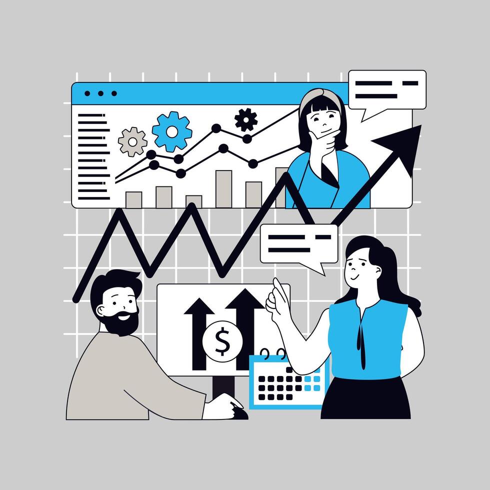 Statistics and analytics concept for modern web design. People monitoring datum results online, examining data at charts, calculating financial graph and profit performances. illustration. vector