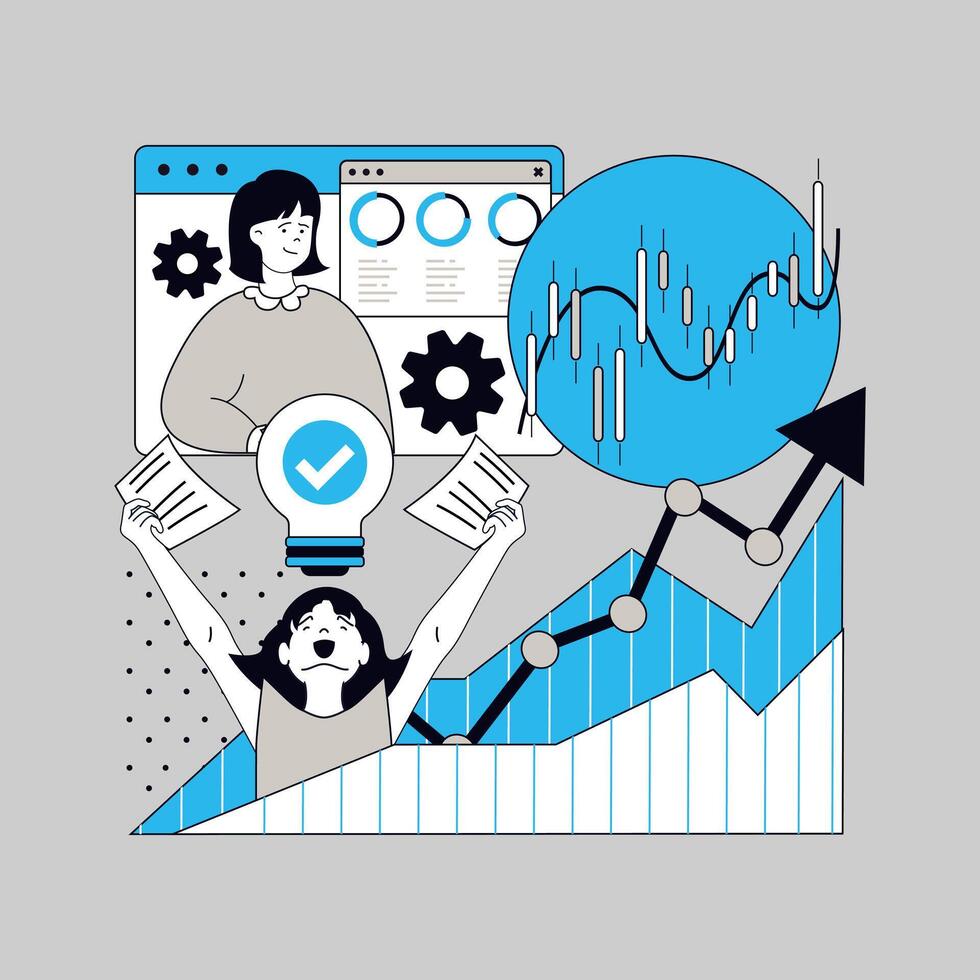 Statistics and analytics concept for modern web design. People analyzing financial data at arrow chart with progress trend, making reports and researching economic performances. illustration. vector