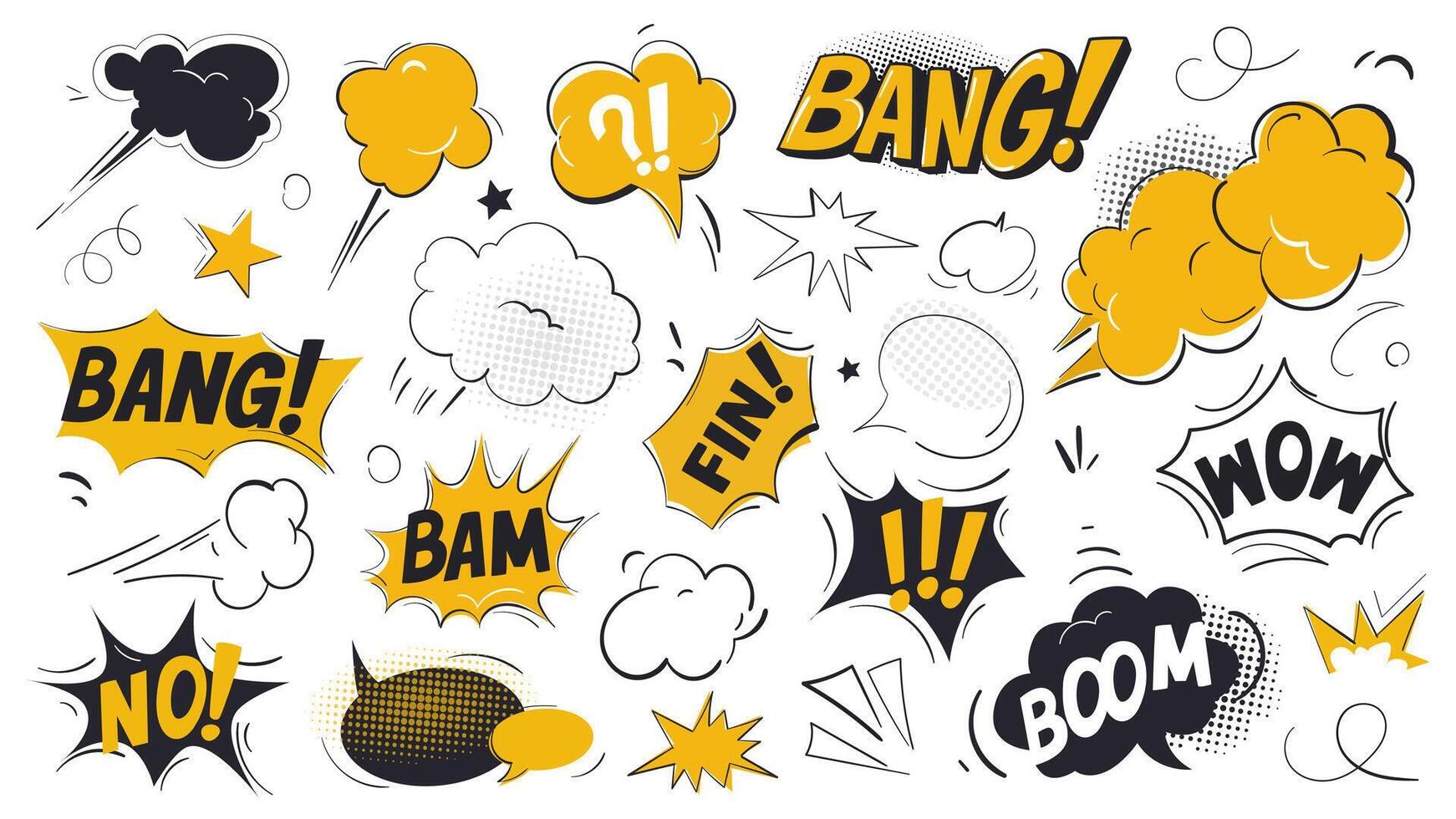 Comic speech bubbles elements set. Collection of communication clouds with bang, bam, wow, boom and empty spaces, pop art shouting balloons with explosion and burst shapes. illustration. vector