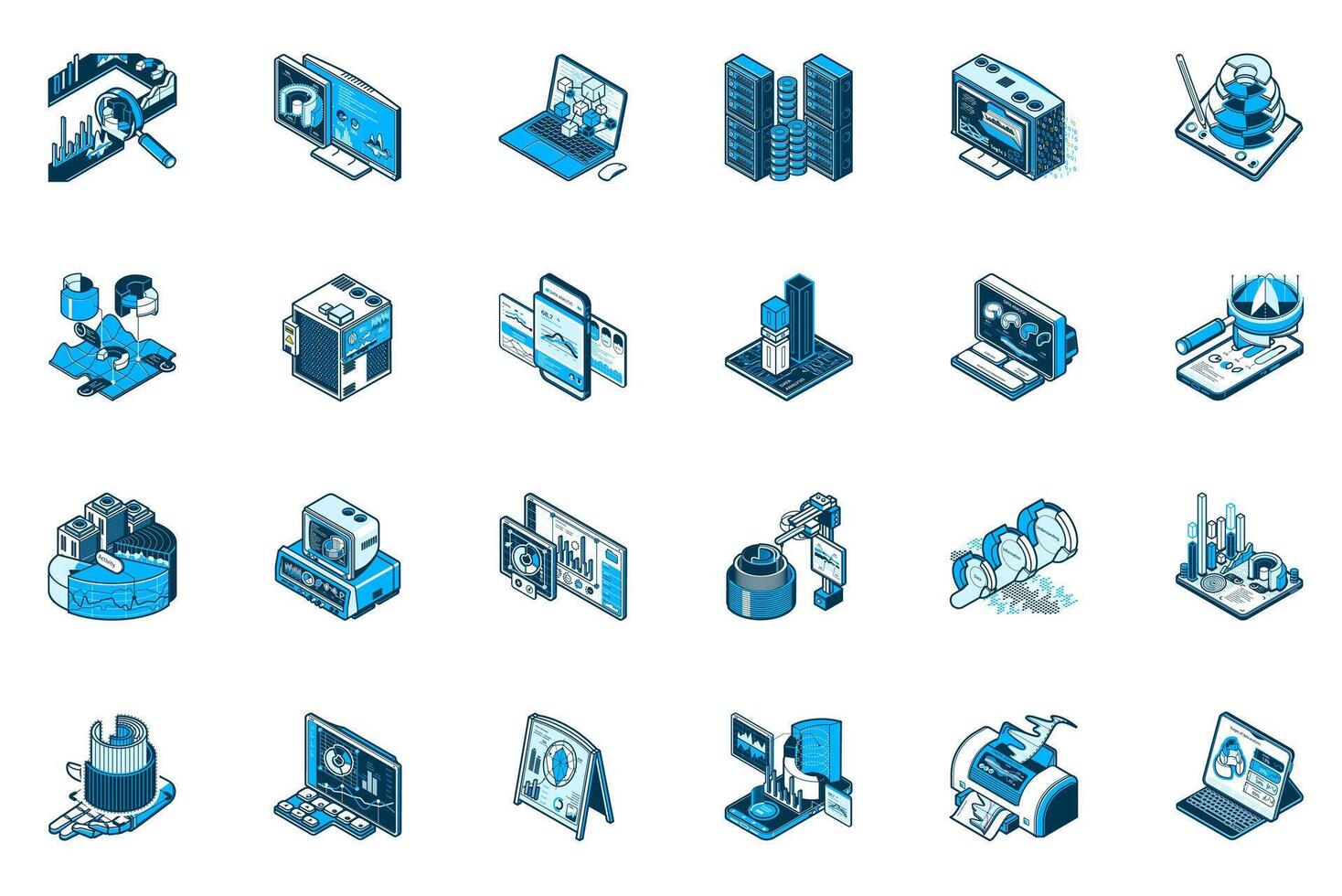 Analysis concept of 3d isometric icons set. Collection with chart, computer, diagram, data computing, graph, finance information, analyzing and more in isometry design for web. illustration. vector